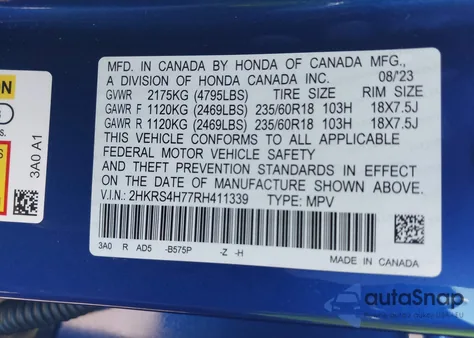 2024 Honda Cr-V Ex-L Awd из США, поврежденный, VIN 2HKRS4H77RH411339